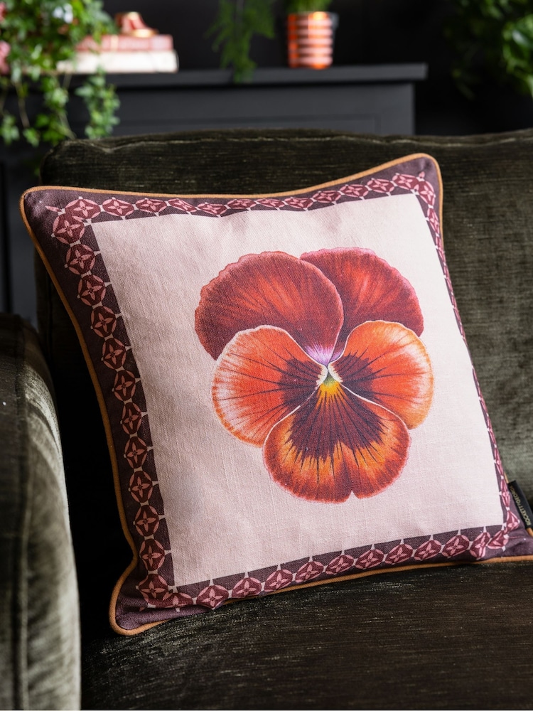 Rockett St George Pink Pansy Muse Cotton Piped Cushion - Image 1 of 4 Rockett St George Pink Pansy Muse Cotton Piped Cushion - Image 1 of 4