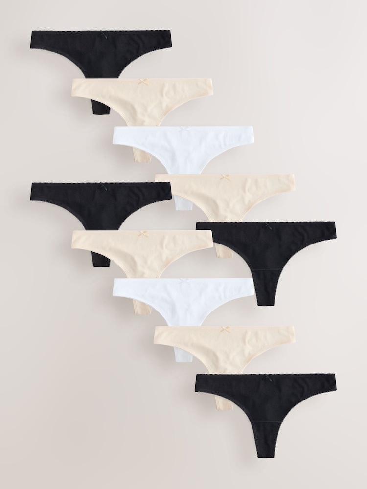 Black/White/Pastel Rose Nude Thong Cotton Rich Knickers 10 Pack - Image 1 of 13 Black/White/Pastel Rose Nude Thong Cotton Rich Knickers 10 Pack - Image 1 of 13
