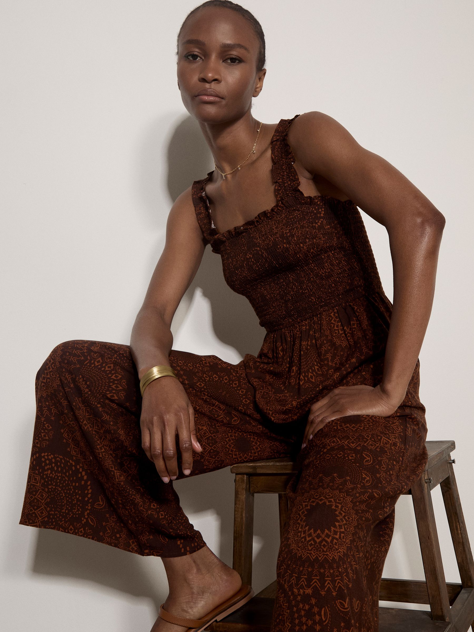 Buy Apricot Brown Kaleidoscope Shirred Wide-Leg Jumpsuit from the