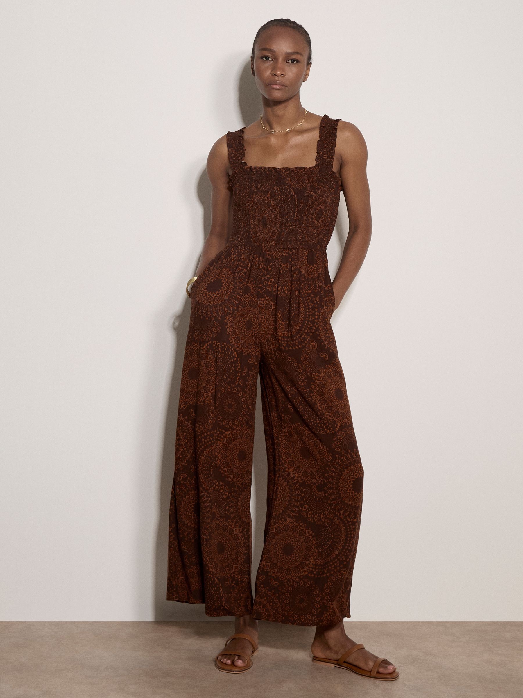 Buy Apricot Brown Kaleidoscope Shirred Wide-Leg Jumpsuit from the