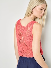 Apricot Red Diamond Hand-Knit Crochet Tank Top - Image 2 of 4
