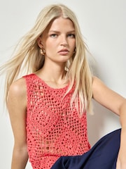 Apricot Red Diamond Hand-Knit Crochet Tank Top - Image 4 of 4