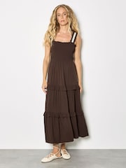 بني - Apricot Tiered Lace Trim Midi Dress - Image 1 of 4