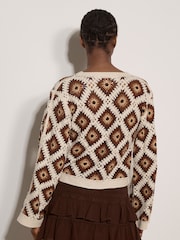 Apricot Orange Diamond Crochet Cardigan - Image 2 of 5