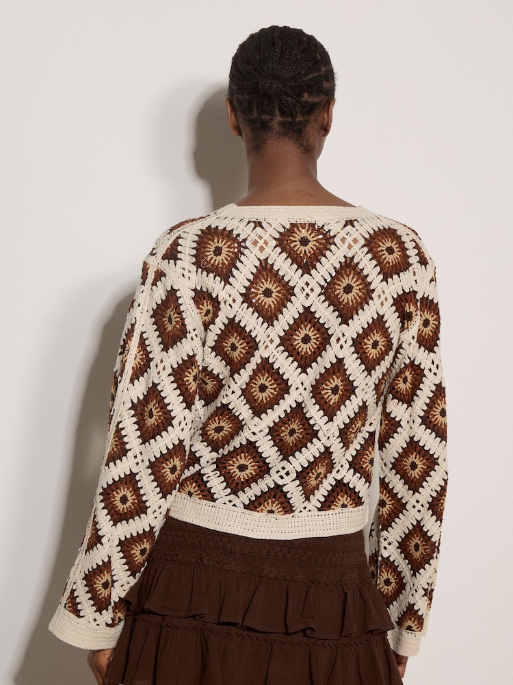 Apricot Orange Diamond Crochet Cardigan - Image 2 of 5