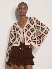 Apricot Orange Diamond Crochet Cardigan - Image 3 of 5