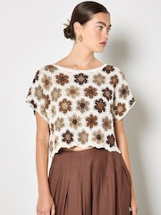 Apricot Rust Hexagon Flowers Crochet Top - Image 1 of 5