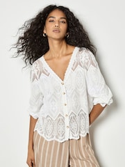 Apricot White Floral Lace Button Down Blouse - Image 1 of 4
