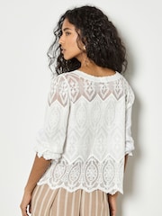 Apricot White Floral Lace Button Down Blouse - Image 3 of 4