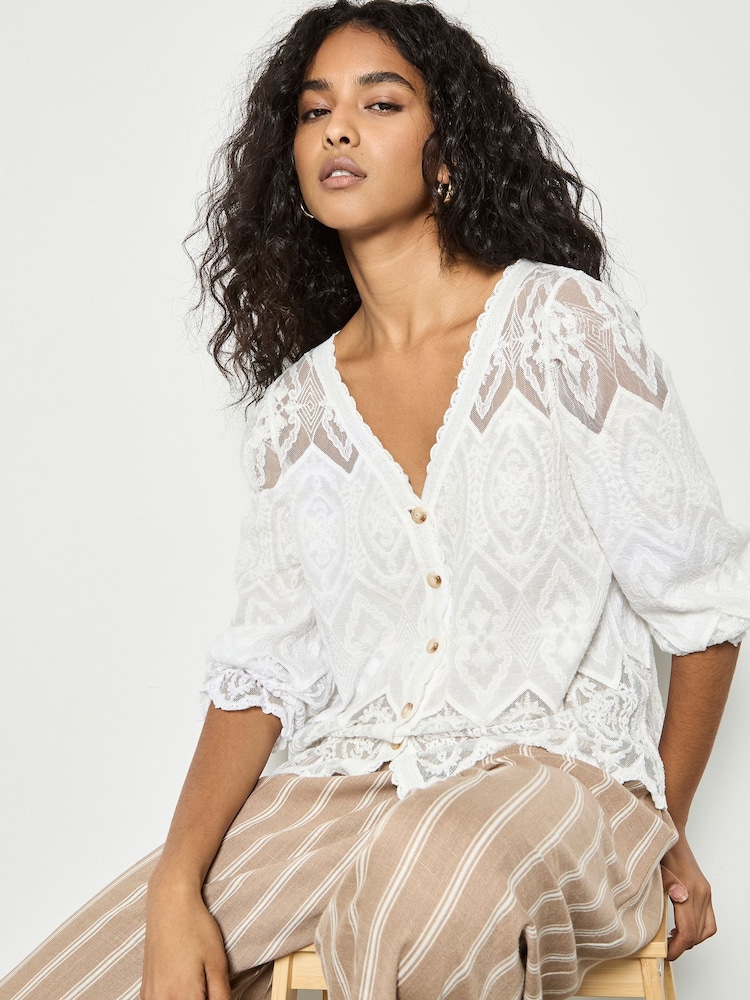 Apricot White Floral Lace Button Down Blouse - Image 4 of 4