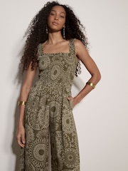 Verde - Salopetă evazată cu imprimeu Apricot Kaleidoscope și talie încrețită - Imaginea 2 din 4