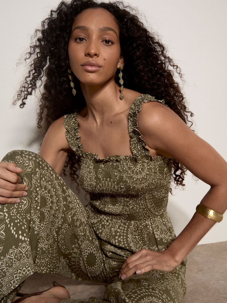 Verde - Salopetă evazată cu imprimeu Apricot Kaleidoscope și talie încrețită - Imaginea 4 din 4