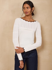 Love & Roses Ivory Scalloped Slash Neck Long Sleeve Knitted Top - Image 1 of 4