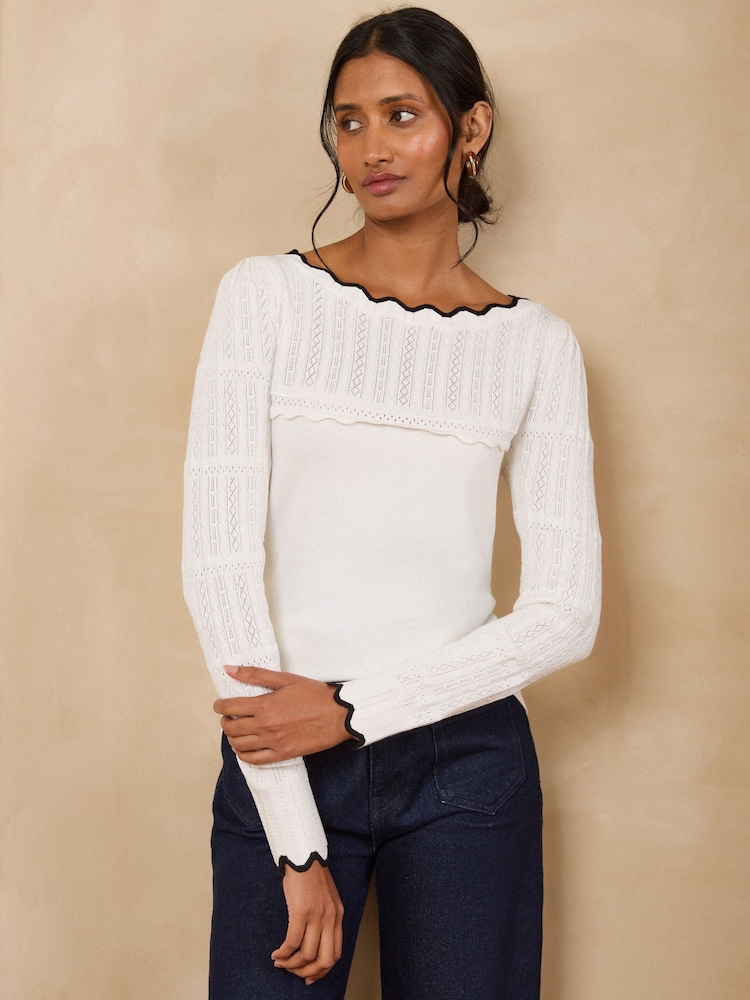 Love & Roses Ivory Scalloped Slash Neck Long Sleeve Knitted Top - Image 1 of 4