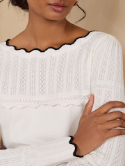 Love & Roses Ivory Scalloped Slash Neck Long Sleeve Knitted Top - Image 2 of 4