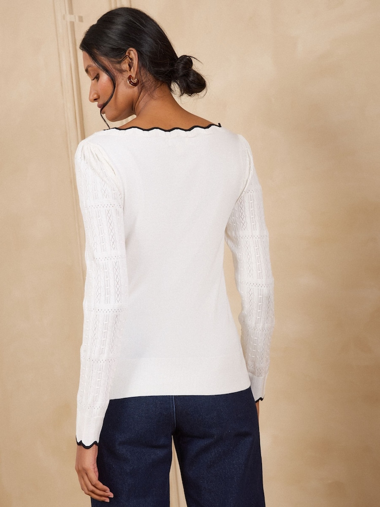 Love & Roses Ivory Scalloped Slash Neck Long Sleeve Knitted Top - Image 4 of 4
