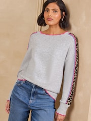 Love & Roses Grey Boat Neck Leopard Tipped Knitted Jumper - Image 1 of 4
