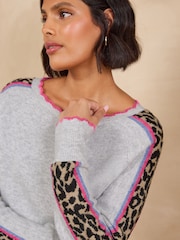 Love & Roses Grey Boat Neck Leopard Tipped Knitted Jumper - Image 2 of 4