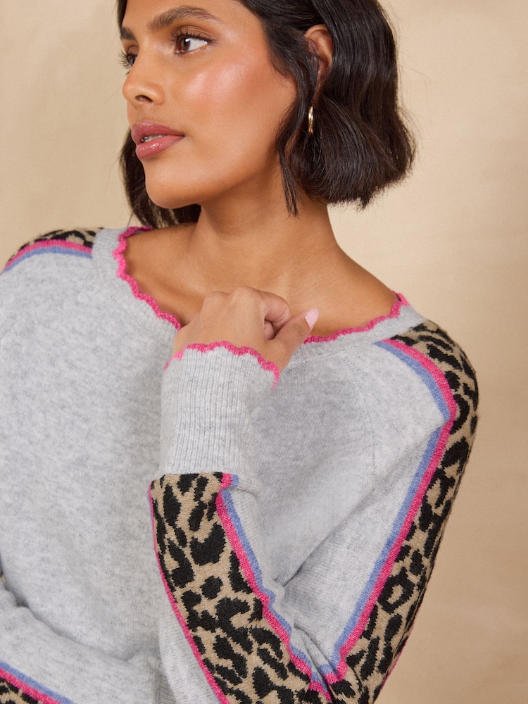 Love & Roses Grey Boat Neck Leopard Tipped Knitted Jumper - Image 2 of 4