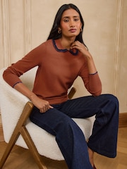 Καφέ ρουστίκ - Love & Roses Ruffled Collar Long Sleep Knitted Top - Εικόνα 1 του 4