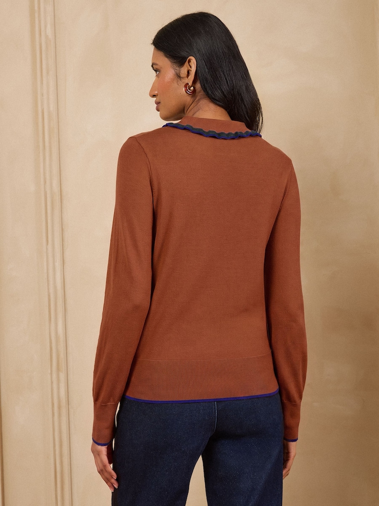 Καφέ ρουστίκ - Love & Roses Ruffled Collar Long Sleep Knitted Top - Εικόνα 4 του 4