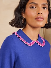 Love & Roses Cobalt Blue Ruffled Collar Long Sleeve Knitted Top - Image 2 of 5