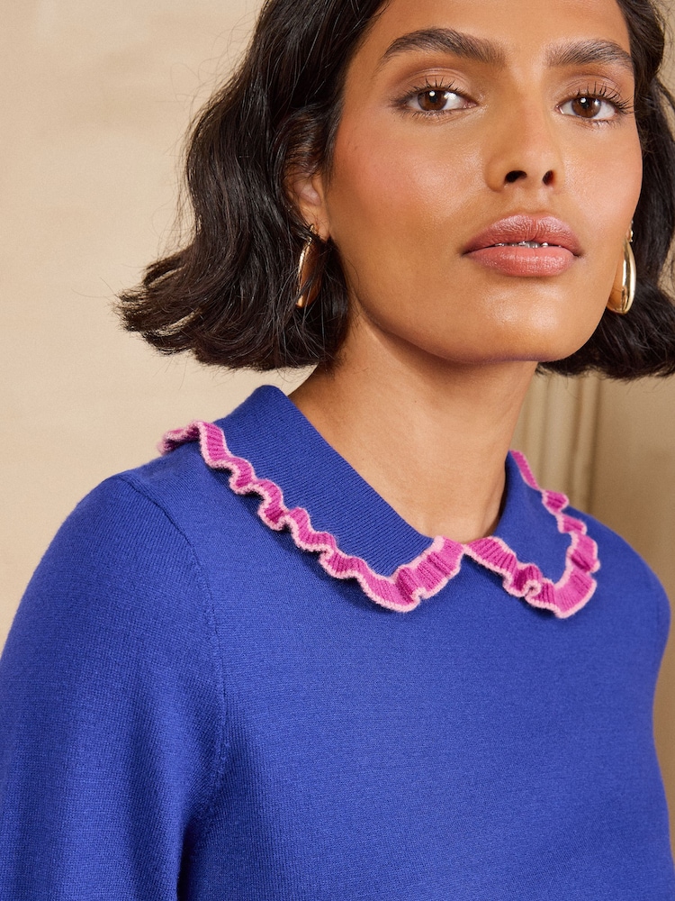 Love & Roses Cobalt Blue Ruffled Collar Long Sleeve Knitted Top - Image 2 of 5 Love & Roses Cobalt Blue Ruffled Collar Long Sleeve Knitted Top - Image 2 of 5