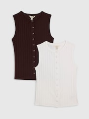 River Island Brown/White Sleeveless Popper Tank Tops 2 Pack - Image 1 of 6