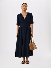 Whistles Blue V-Neck Textured Midi Dress - Image 1 of 5