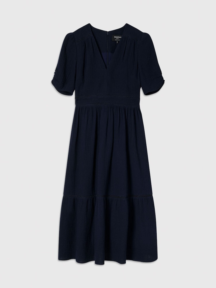 Whistles Blue V-Neck Textured Midi Dress - Image 5 of 5