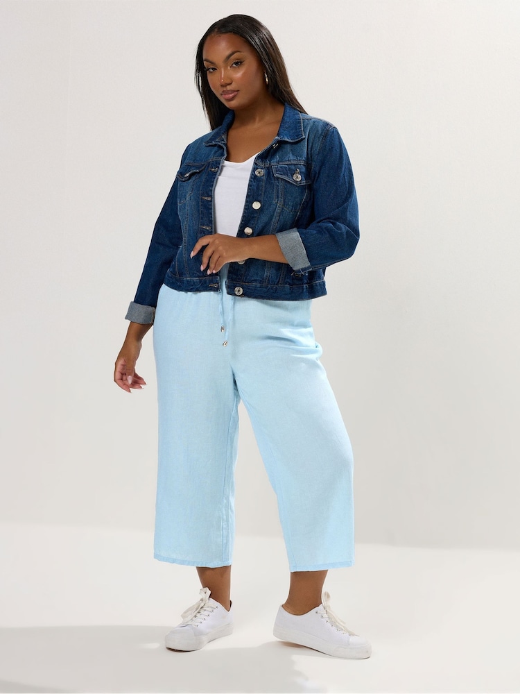 Yours Curve Blue Wide Leg Linen Blend Culottes - Image 2 of 5