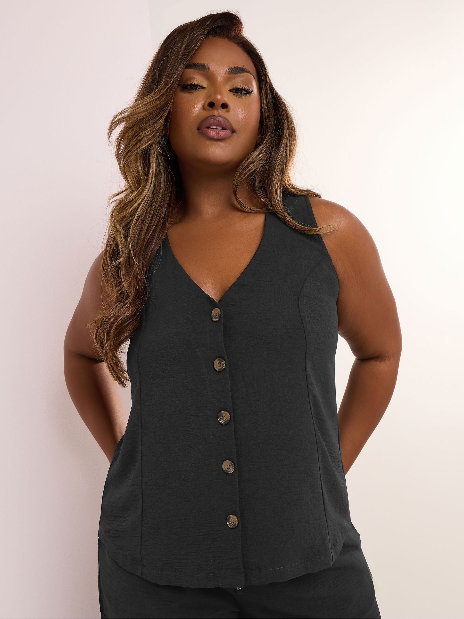 Yours Curve Women's Black Textured Button Front Waistcoat