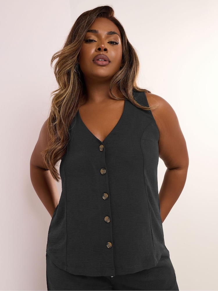 Yours Curve Black Textured Button Front Waistcoat - Image 1 of 5
