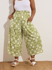 Yours Curve Green Palm Print Shirred Midaxi Culottes - Image 1 of 5