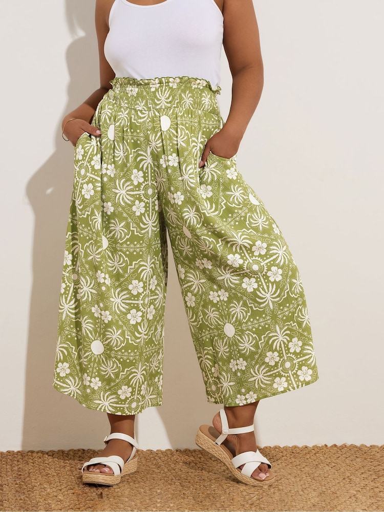 Yours Curve Green Palm Print Shirred Midaxi Culottes - Image 1 of 5