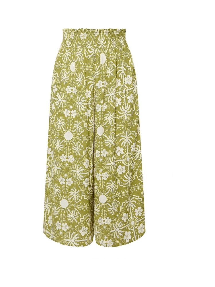 Yours Curve Green Palm Print Shirred Midaxi Culottes - Image 5 of 5
