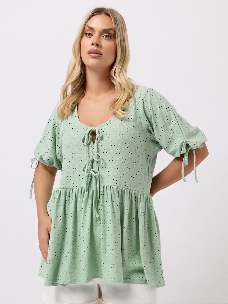 Yours Curve Green Broderie Anglaise Tie Front Peplum Top - Image 1 of 4