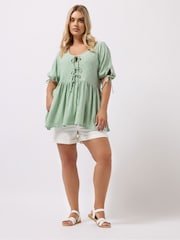 Yours Curve Green Broderie Anglaise Tie Front Peplum Top - Image 2 of 4