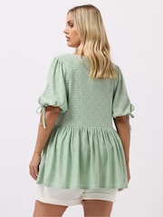 Yours Curve Green Broderie Anglaise Tie Front Peplum Top - Image 3 of 4