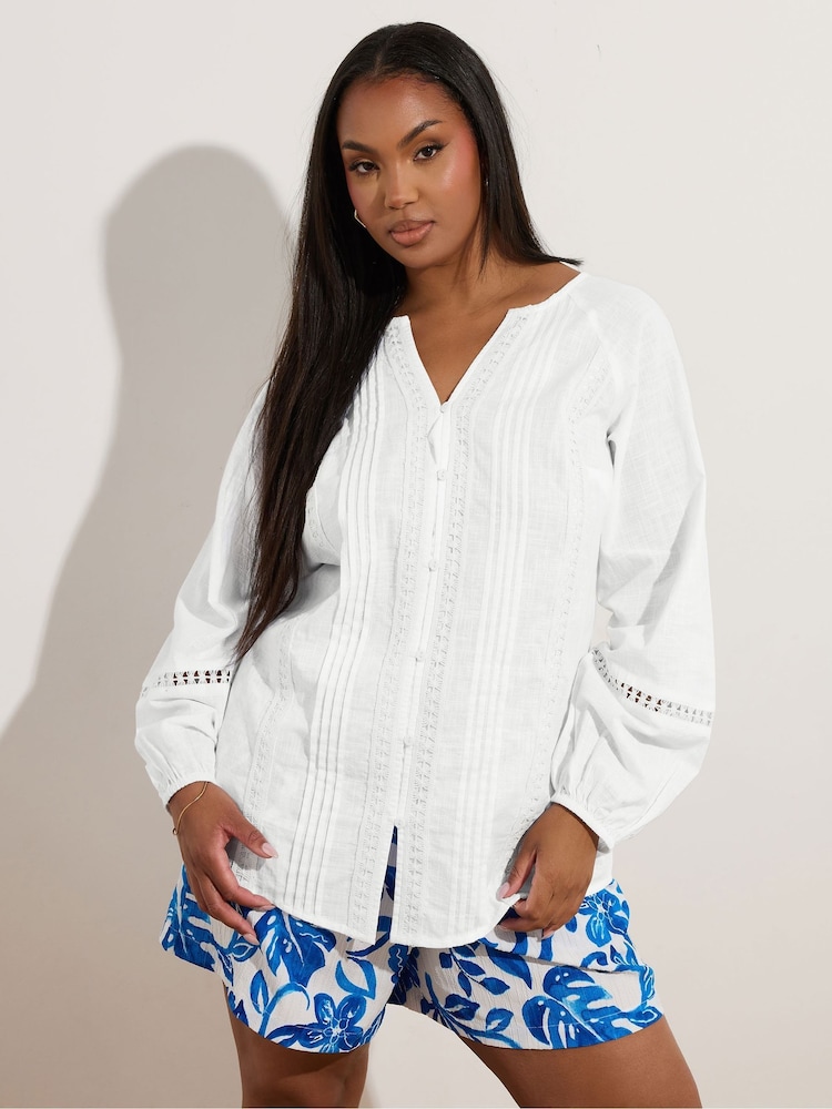 Yours Curve White Crochet Trim Pleated Blouse - Image 1 of 8