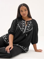 Yours Curve Black Embroidered Tie Front Blouse - Image 1 of 5