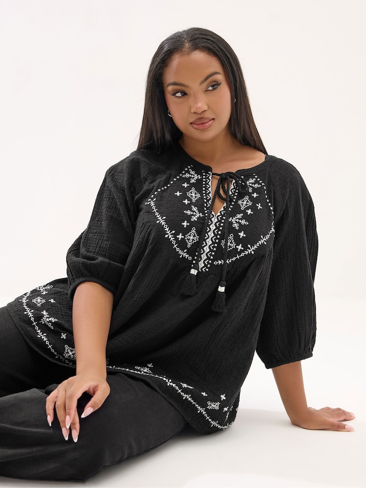 Yours Curve Black Embroidered Tie Front Blouse - Image 1 of 5
