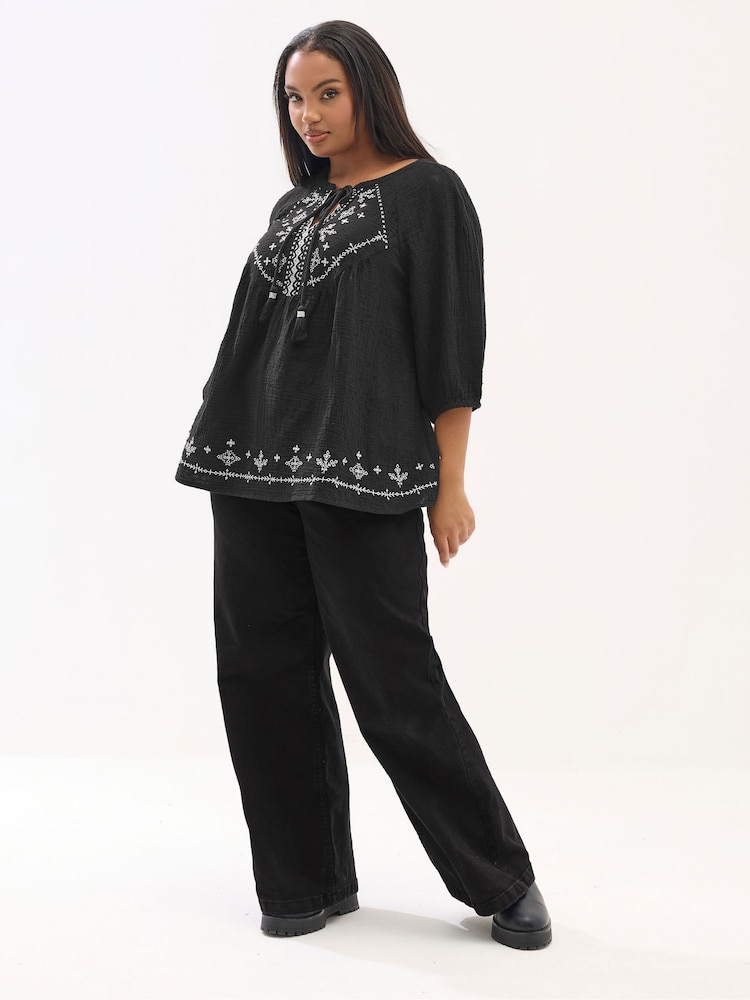 Yours Curve Black Embroidered Tie Front Blouse - Image 2 of 5