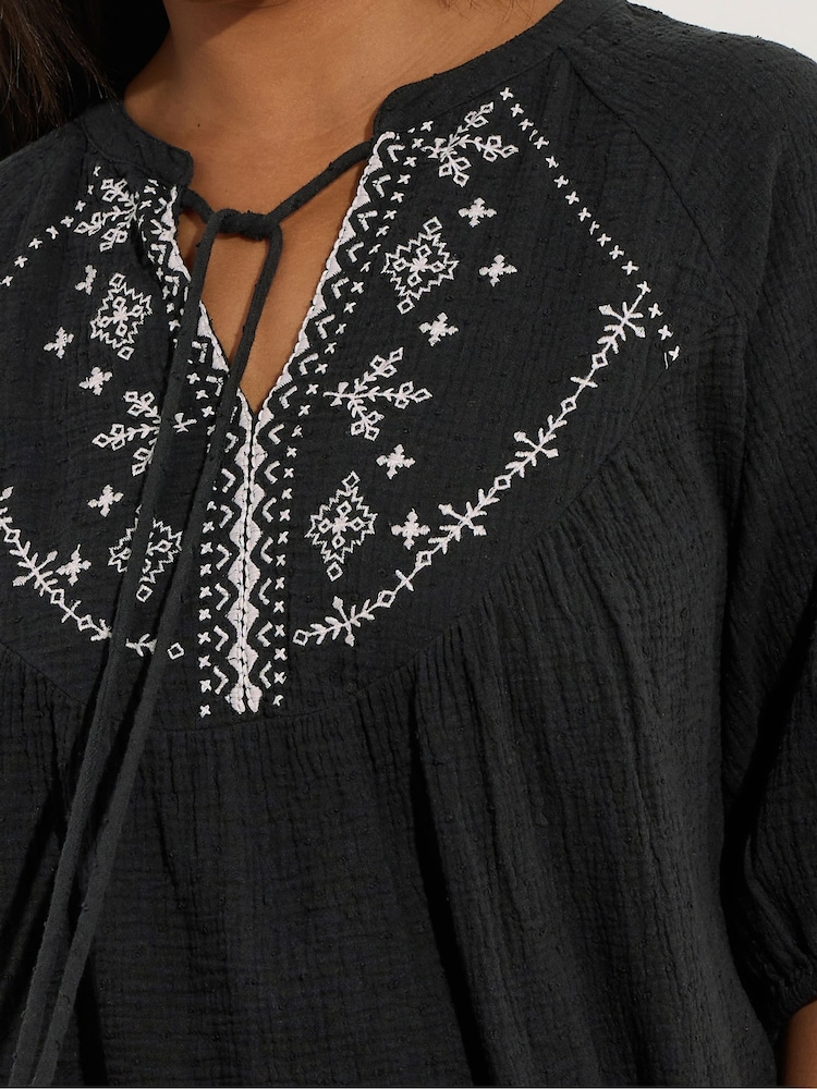 Yours Curve Black Embroidered Tie Front Blouse - Image 5 of 5