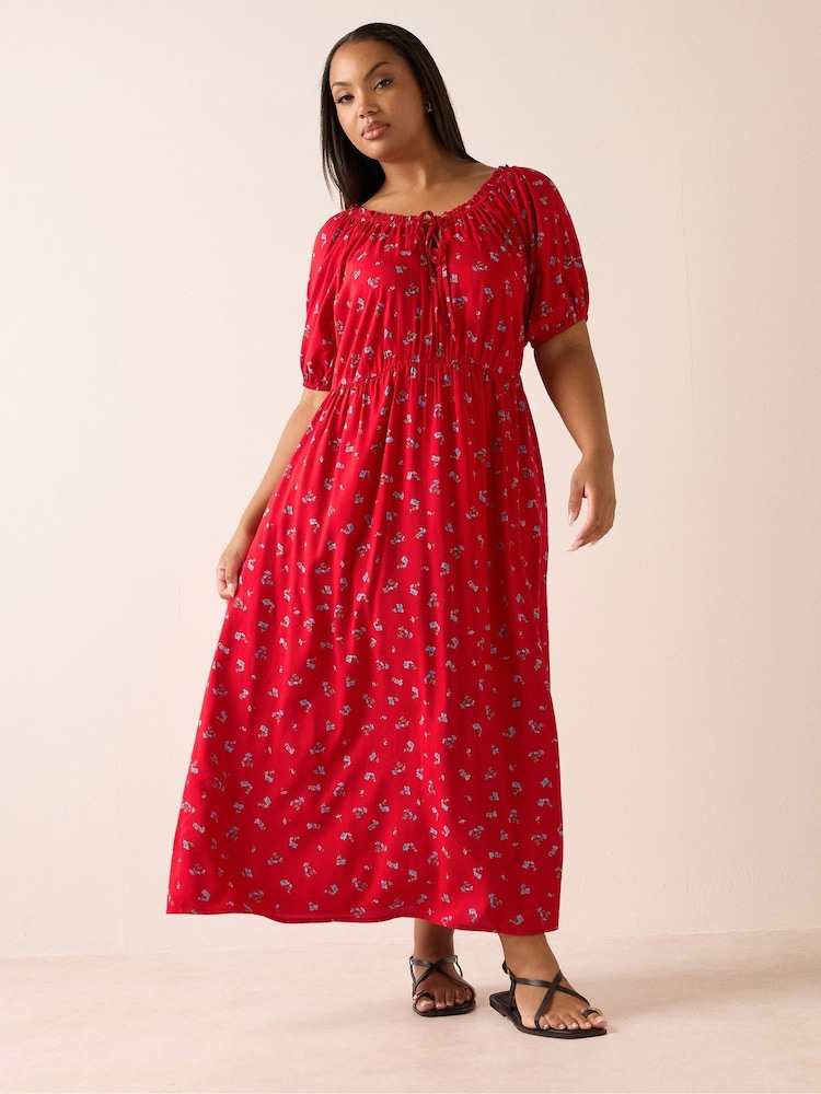 Yours Curve Red Ditsy Floral Tie Neck Maxi Dress - Image 1 of 5