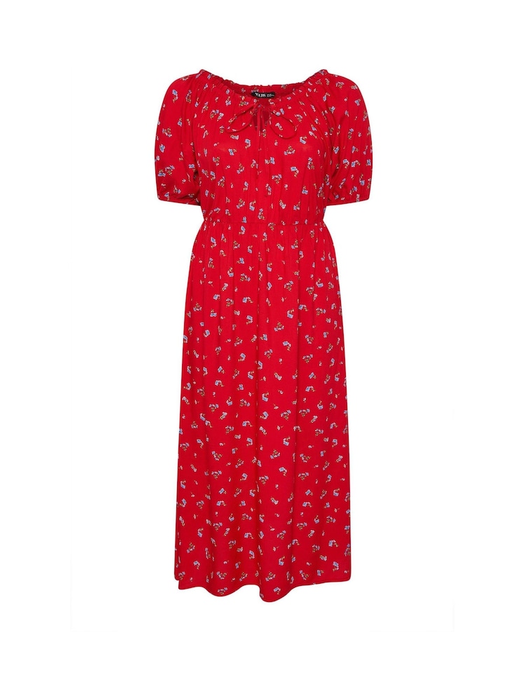 Yours Curve Red Ditsy Floral Tie Neck Maxi Dress - Image 5 of 5