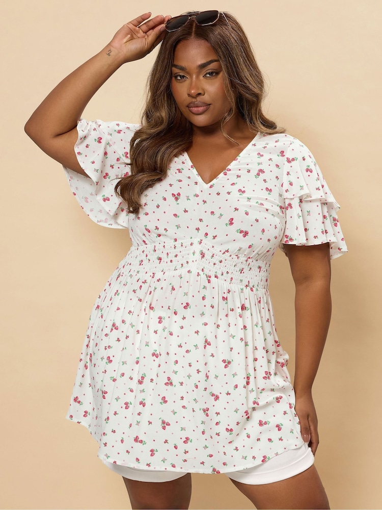 Yours Curve White Strawberry Print Peplum Top - Image 1 of 5