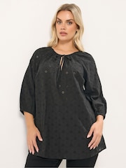Yours Curve Black Floral Broderie Anglaise Tie Front Top - Image 1 of 9