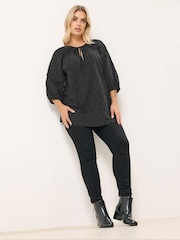 Yours Curve Black Floral Broderie Anglaise Tie Front Top - Image 4 of 9