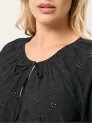 Yours Curve Black Floral Broderie Anglaise Tie Front Top - Image 7 of 9